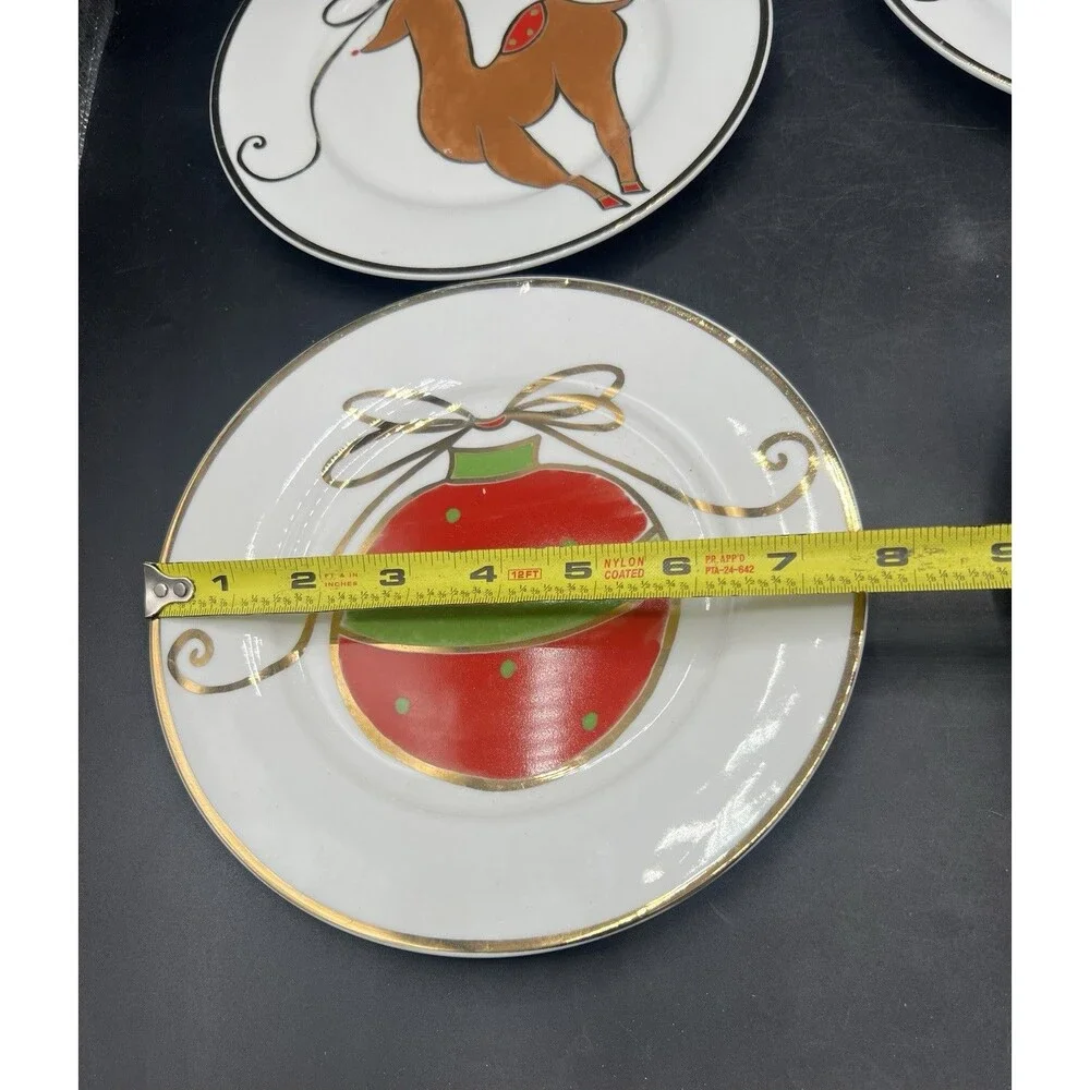 Pier 1 Christmas Salad Dessert Plates Deer Star Ornament Tree Gold Trim Set of 4